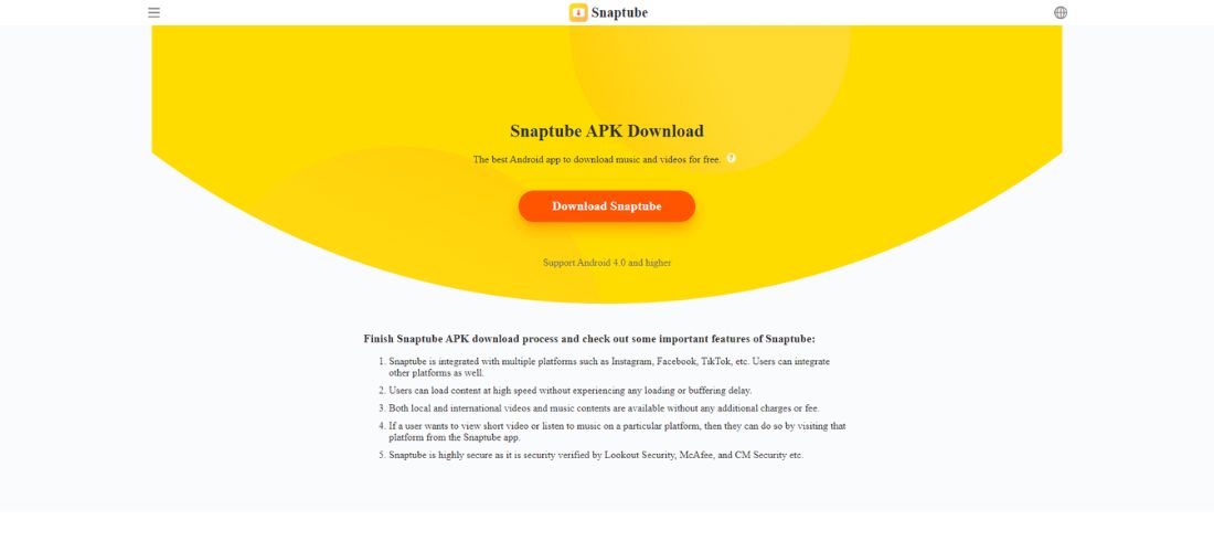 Download page of Snaptube android application