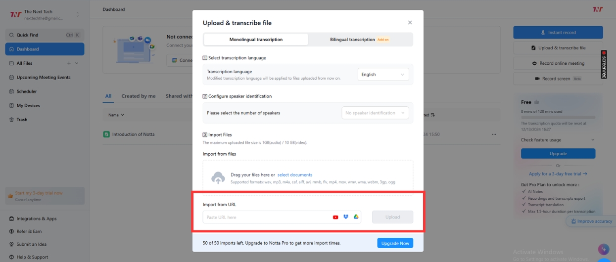Find the Upload & Transcribe File option and paste the copied link in the box