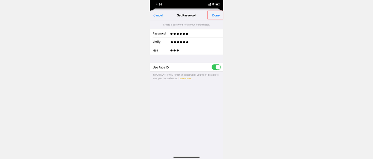 Reset notes password Click on Done