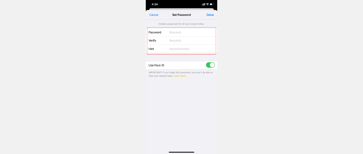 Reset notes password Fill the information